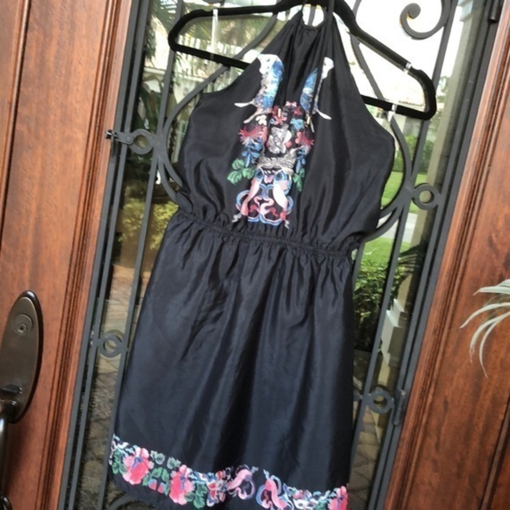 FCNY black/floral halter tie gathered waist dress